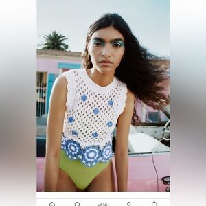 Zara White and Blue Crochet Top